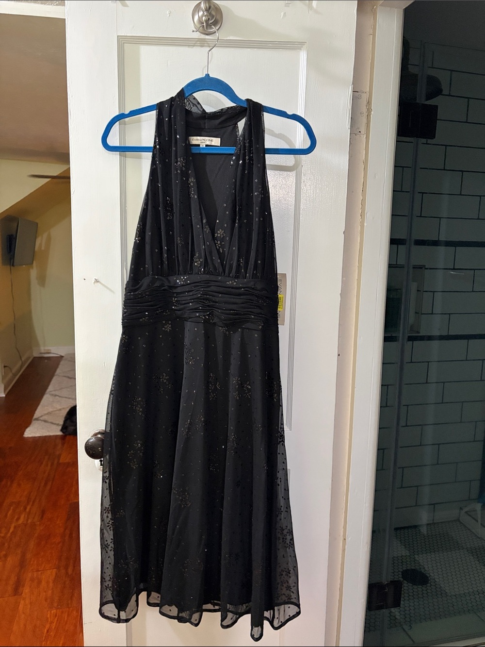 Evan Picone Black Halter Midi Dress with Subtle Sparkle